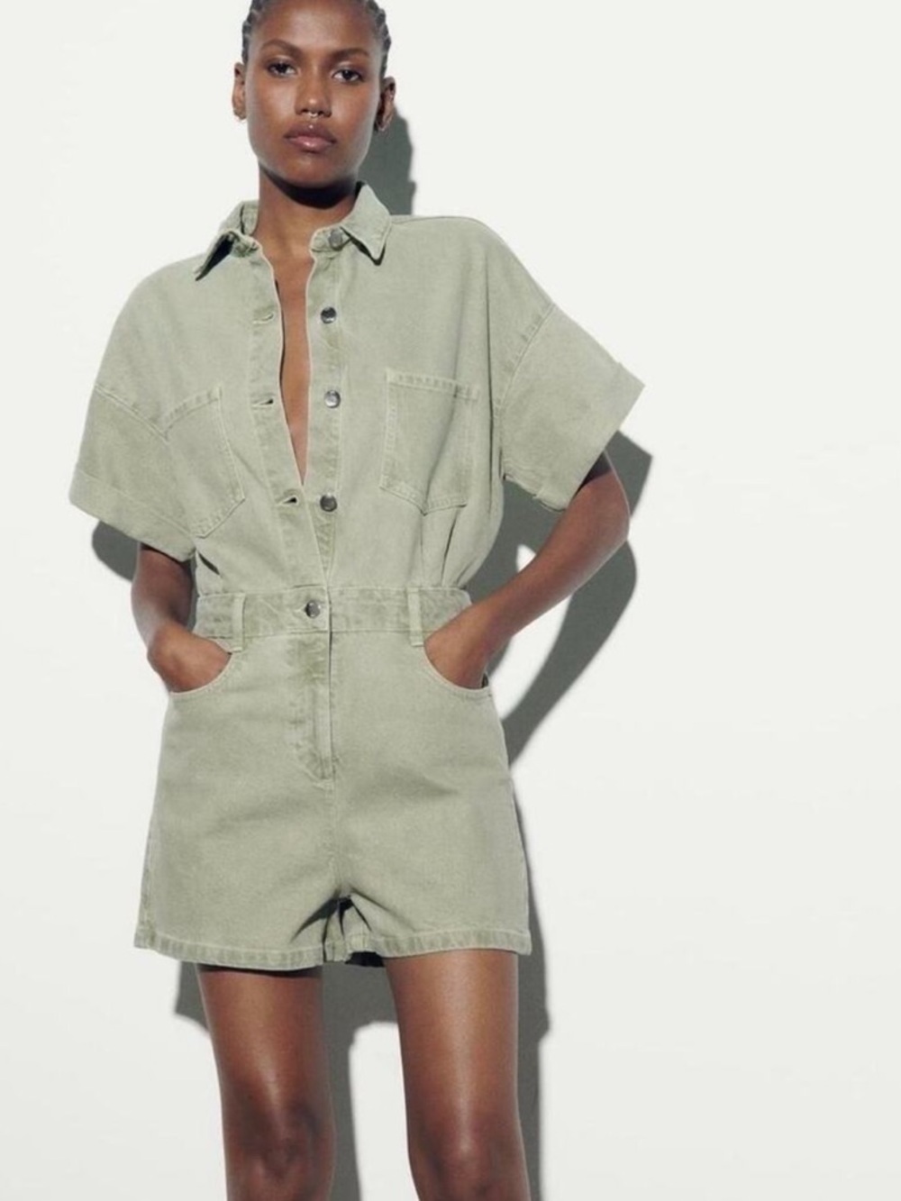 NWT Zara Playsuit Denim Romper Light Sage Green Denim Shorts & Short Sleeve XS